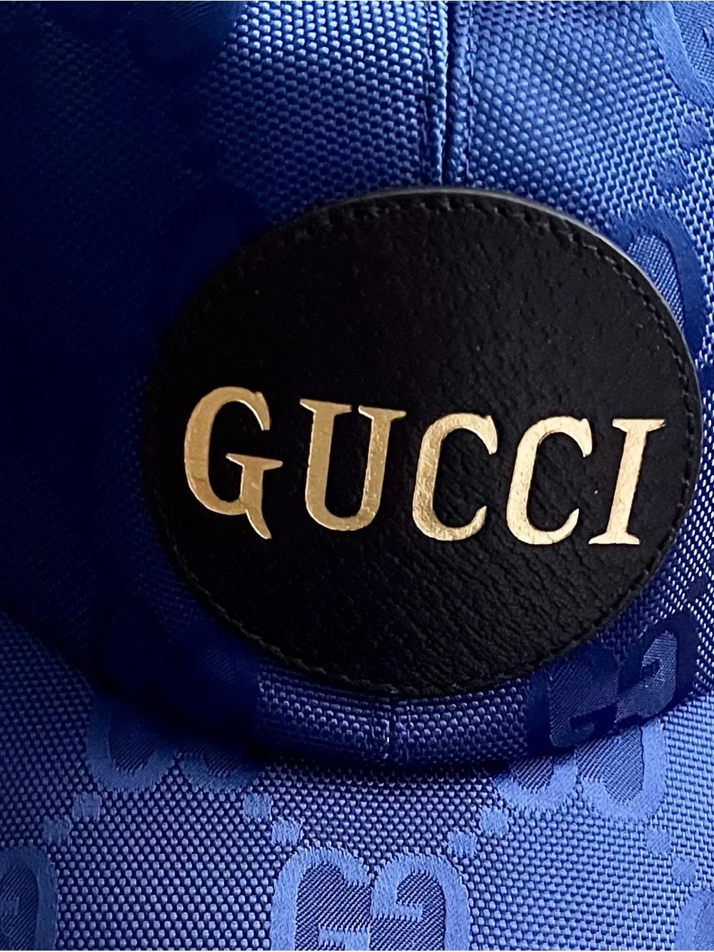 Gucci Blue GG Logo Cap with Black Leather Patch